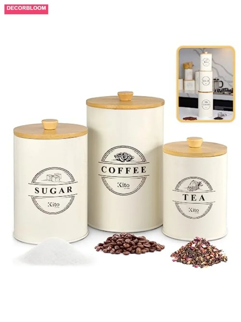 Airtight Tea Coffee Sugar Canister Set Stackable Steel Bamboo Lids